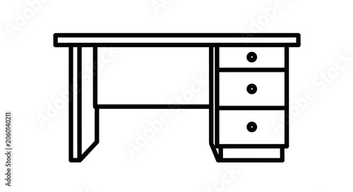 Simple line drawing of a wooden desk with three drawers and storage compartment