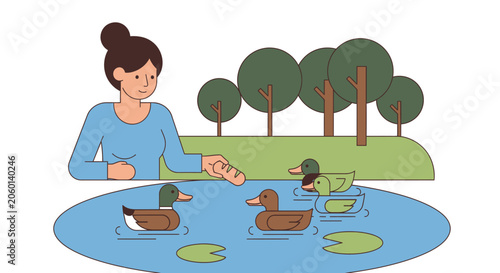 Woman feeding ducks in park pond with trees and lush green landscape background