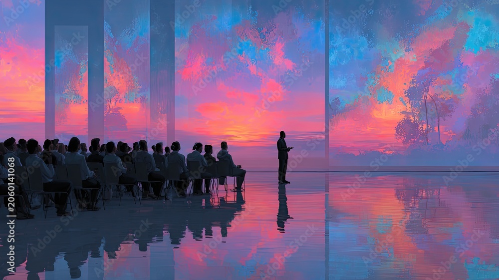 Fototapeta premium Professional coach leading mindfulness workshop diverse corporate audience modern conference hall holographic infographic screen leadership wellness 