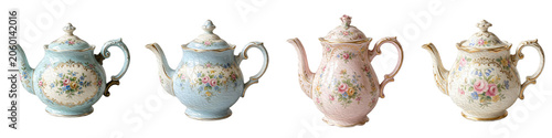 Bild auf Leinwand Vintage Porcelain Teapots Set with Pastel Colors and Floral Patterns | Antique S