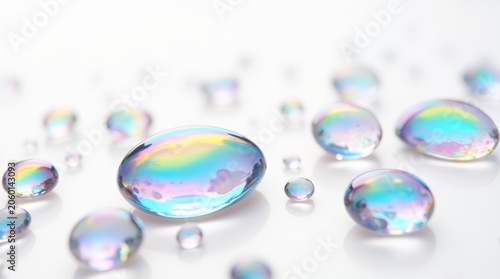 Colorful Iridescent Water Droplets and Soap Bubbles on White Background
