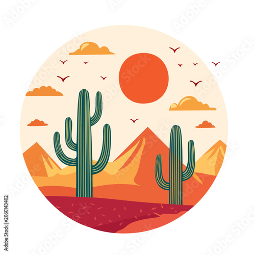 Flat design tropical beach scene with sun and palm tree