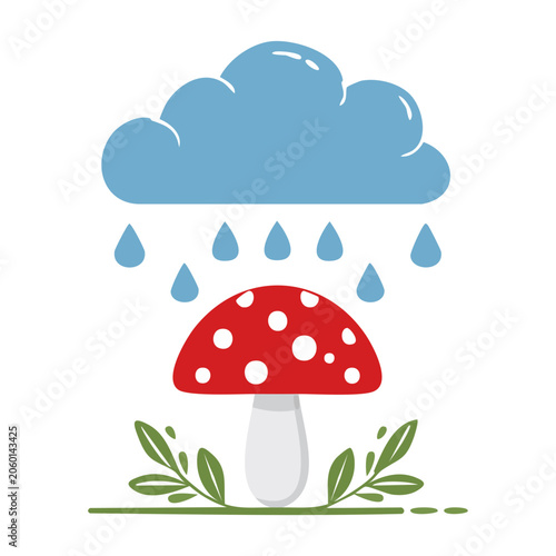 Flat design vector of red mushroom with clouds and grass