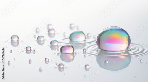 Iridescent Water Droplets with Rainbow Reflections on Clean White Surface