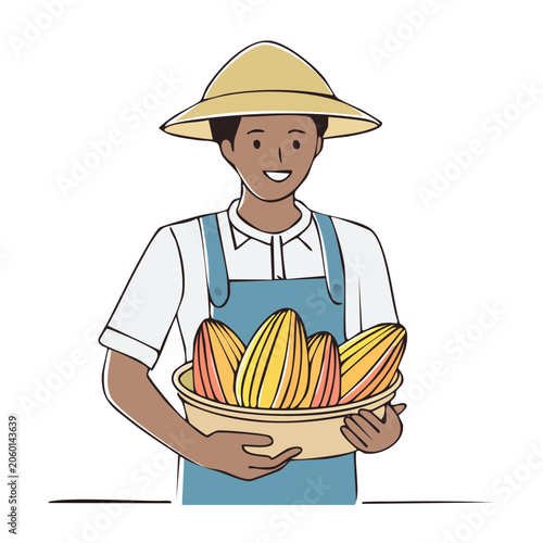 Cartoon farmer holding wheat sheaf