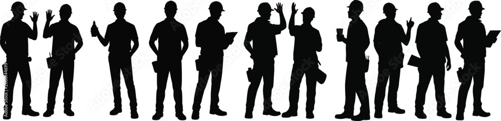 Fototapeta premium Silhouettes of construction workers in various poses with tools and hard hats male