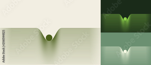 Horizontal parallel line field deformed around a small circle creating a symmetric gravity well vector illustration, shown in three green color variants with large cream negative space above.