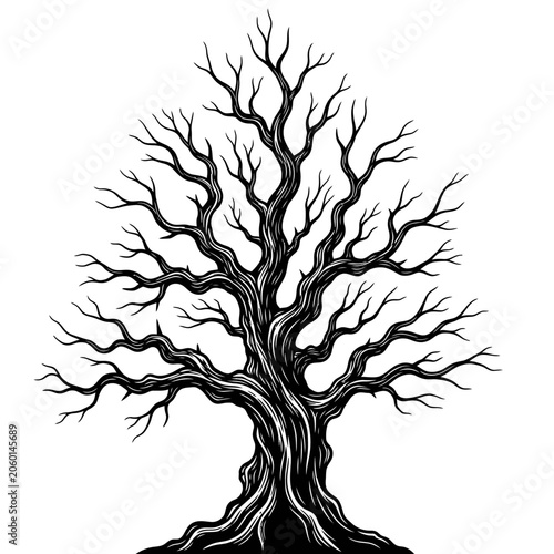 Stylized black and white silhouette of a large leafless tree with intricate branches