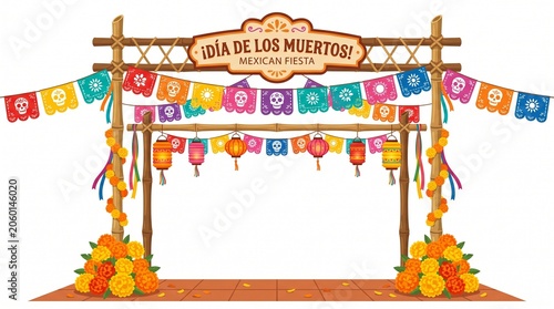 Dia de los Muertos Mexican Fiesta decoration with papel picado banners and marigold flowers
