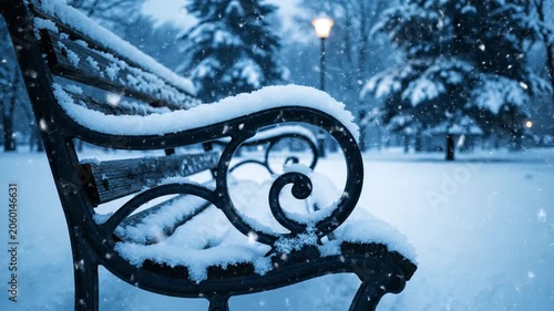 A serene winter park bench covered in fresh snow, amidst trees with a distant lamppost glowing in the soft winter light.