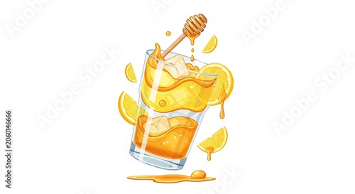 Fresh and Sweet Iced Honey Lemon Tea Drink Illustration with Wooden Dipper and Citrus Slices on White Background