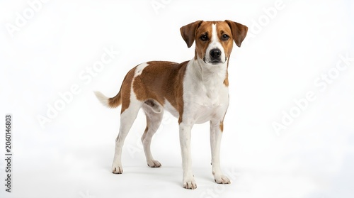 Brown and white dog standing isolated on white background