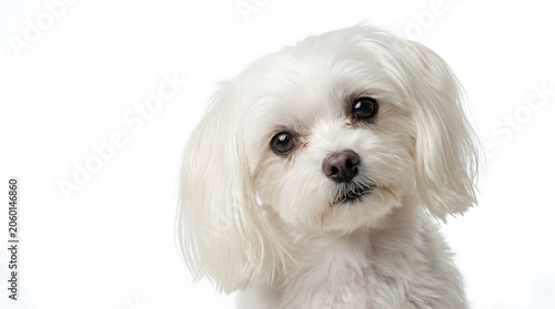 Small white dog with long hair on white background