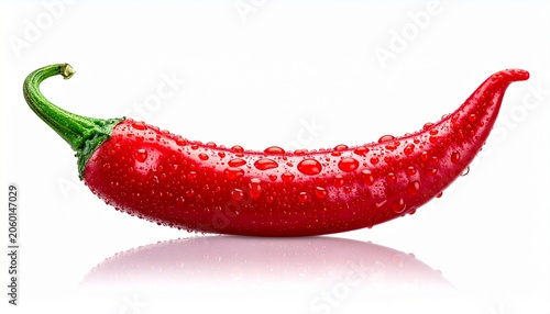Vibrant Red Chili Pepper with Water Droplets on White Background.