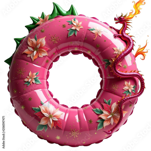 Pink Inflatable Dragon Pool Float Ring with Flowers, Isolated on Transparent Background