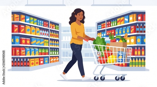 Woman pushing shopping cart full of groceries through supermarket aisles