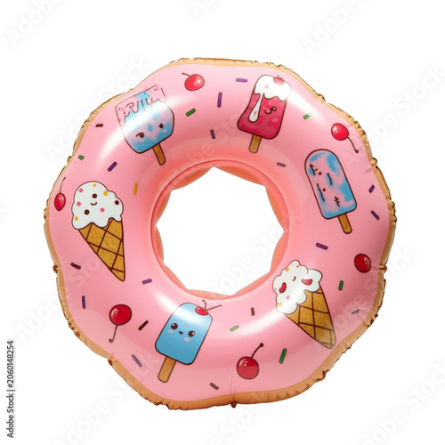 Pink Inflatable Donut Pool Float with Ice Cream Cone and Popsicle Prints Isolated on Transparent Background