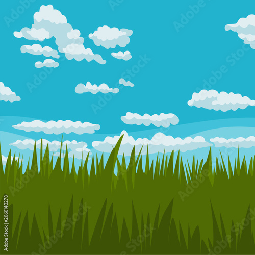 Green Bushes with Blue Sky and White Clouds Background. Nature background illutration