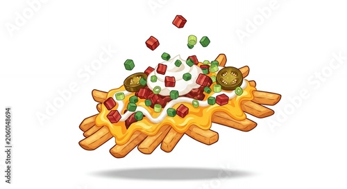 Cartoon Illustration of Loaded French Fries with Melted Cheese Sauce Bacon Bits Green Onions and Jalapeno Food Graphic