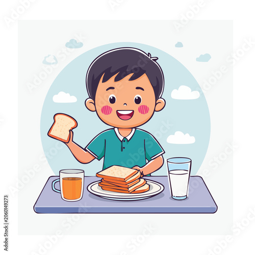 Happy boy eating toast for breakfast with juice and milk