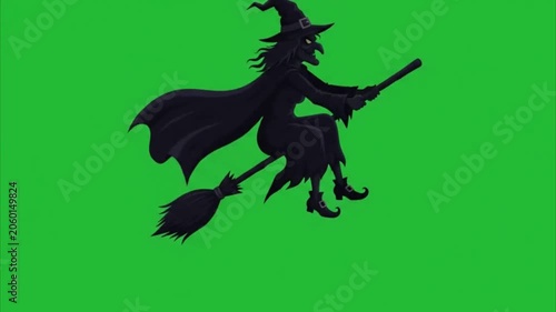 Witch Silhouette Flying on Broomstick Green Screen Animation