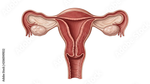 Detailed anatomical diagram of the human female reproductive system, highlighting uterus, ovaries, and fallopian tubes