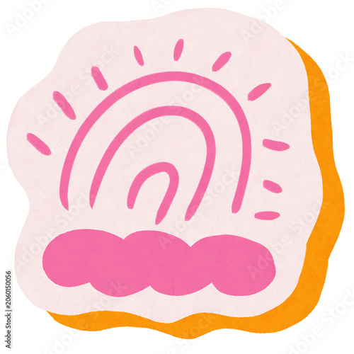 Cute pink rainbow with cloud and sun rays sticker illustration for children nursery decor isolated on white background