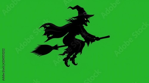 Witch Silhouette Flying on Broomstick Green Screen Animation