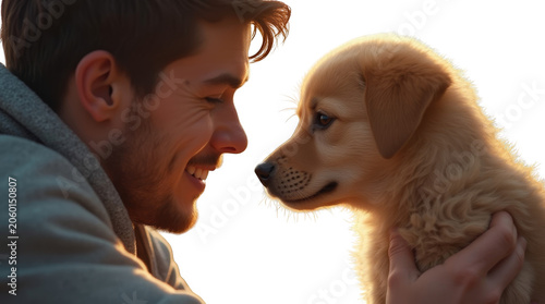 Happy Young Man Smiling Nose to Nose with Golden Retriever Puppy in Warm Sunlight