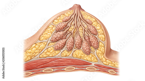 Detailed medical illustration of female breast anatomy with mammary glands and adipose tissue