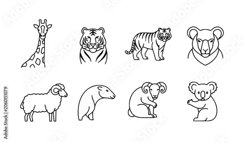 Photography Modern Thin Line Wildlife Icons Vector Set with Giraffe Tiger Sheep and Koala Il
