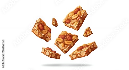 Delicious Crunchy Peanut Brittle Pieces Flying in the Air Isolated on White Background for Snack Food Advertisement
