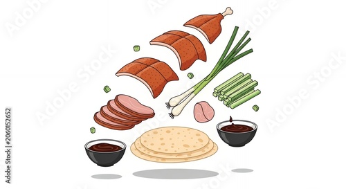 Sliced Peking Roast Duck with Flying Ingredients Scallions Cucumber Pancakes and Hoisin Sauce Vector