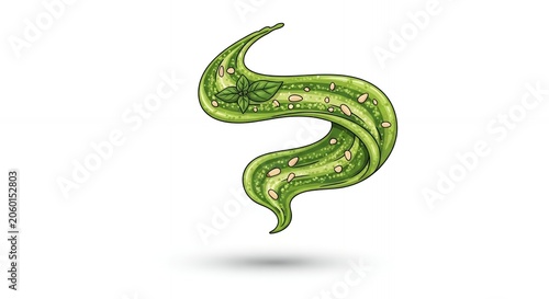 Italian Green Pesto Sauce Swirl with Fresh Basil and Pine Nuts Illustration Isolated on White Background Design Element