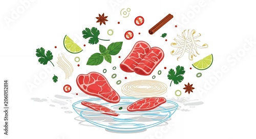 Fresh Pho Ingredients Illustration with Sliced Beef Noodles Lime and Spices Falling into a Clear Broth Soup Bowl