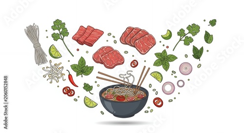 Traditional Vietnamese Pho Beef Noodle Soup with Flying Fresh Ingredients and Herbs Illustration on White Background