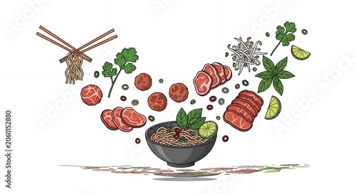 Vector Illustration of Traditional Asian Noodle Soup with Flying Beef Slices Meatballs Herbs and Fresh Lime Ingredients
