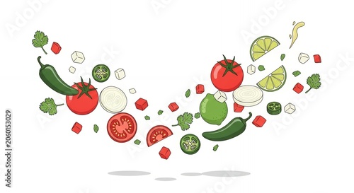 Dynamic flying vegetable ingredients for fresh salsa including tomato, jalapeno, lime, and onion in a vector design.