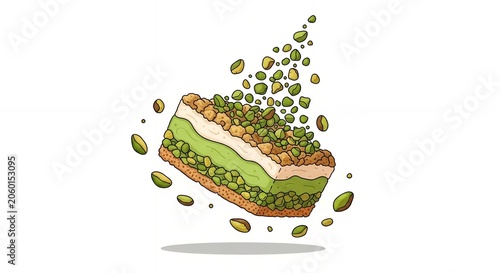 Gourmet Layered Pistachio Dessert Cake Slice with Crushed Nuts Illustration Isolated on White Background