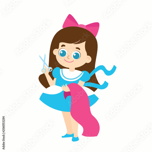 Cute cartoon girl character holding scissors and cutting pink ribbon. Children's character.