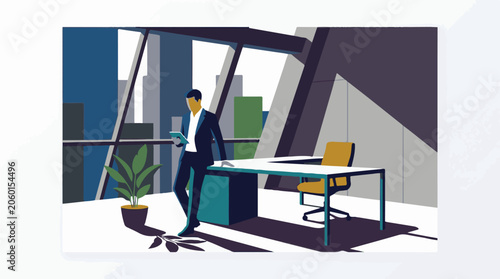 A man in a suit stands by a desk in a modern office
