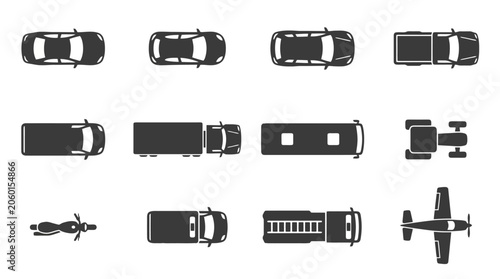 Monochrome Vehicle Silhouettes Aerial Perspective Styling Icon Set for Design and Projects