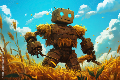 A large rustic robot with glowing blue eyes stands in a vibrant golden wheat field under a bright blue sky, digital art