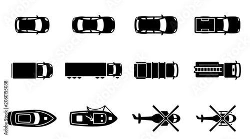 Top Down View Black Silhouettes Collection of Various Vehicles Including Cars Trucks Boats and Helicopters for Design Projects