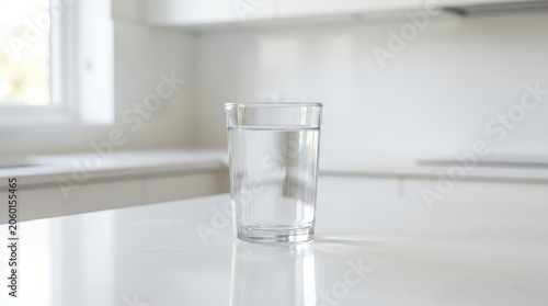Clear glass filled with pure drinking water stands on white kitchen countertop in bright modern interior setting