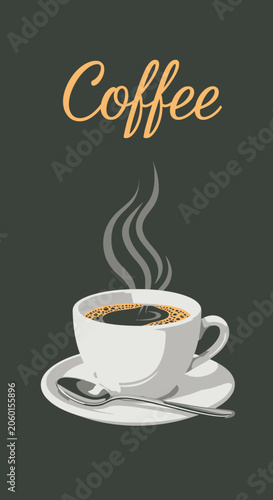 Steaming cup of coffee in a classic white cup and saucer illustration