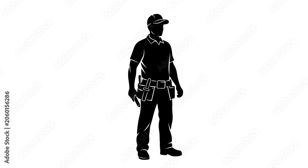 Obraz premium Black silhouette of a construction worker wearing a hard hat and a tool belt standing in a professional pose