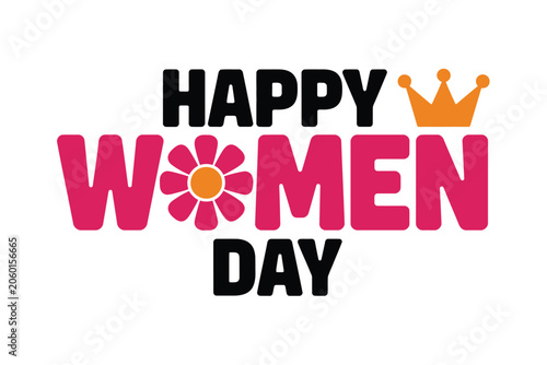 Happy women day floral crown typography design with celebration
