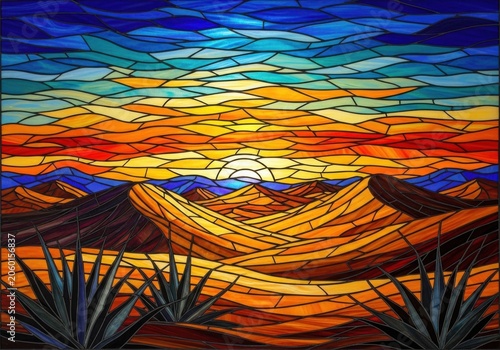 Vibrant abstract beach scene with umbrellas and sunset colors at shoreline