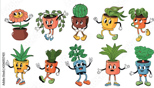 Retro Cartoon Potted Plant Mascot Collection with Trendy Vintage Characters for Gardening Brand Logos Badges Stickers and Nursery Graphic Designs